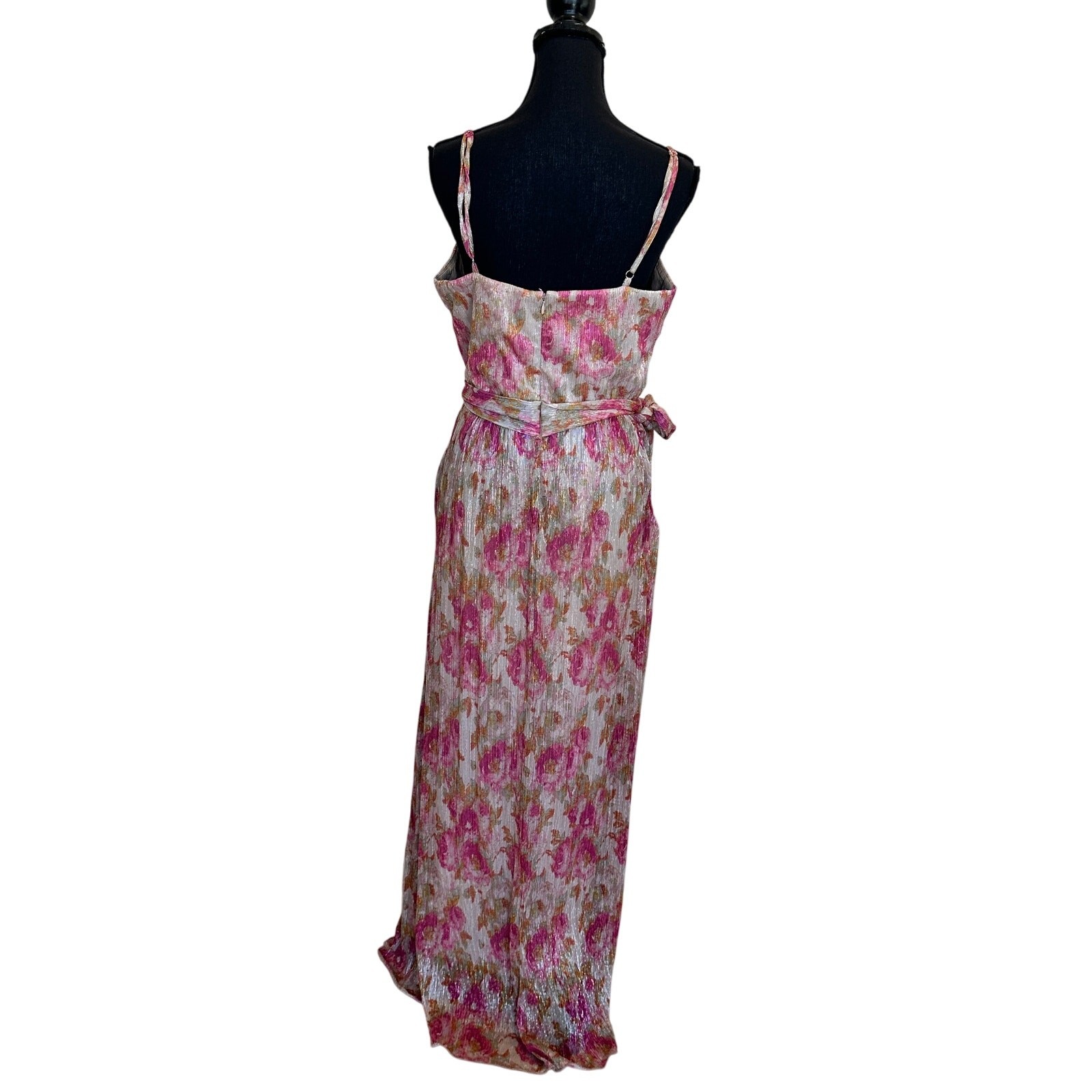 Dress the Population Floral Pleated Maxi Dress XS Metallic Plisse Slip Gown $268