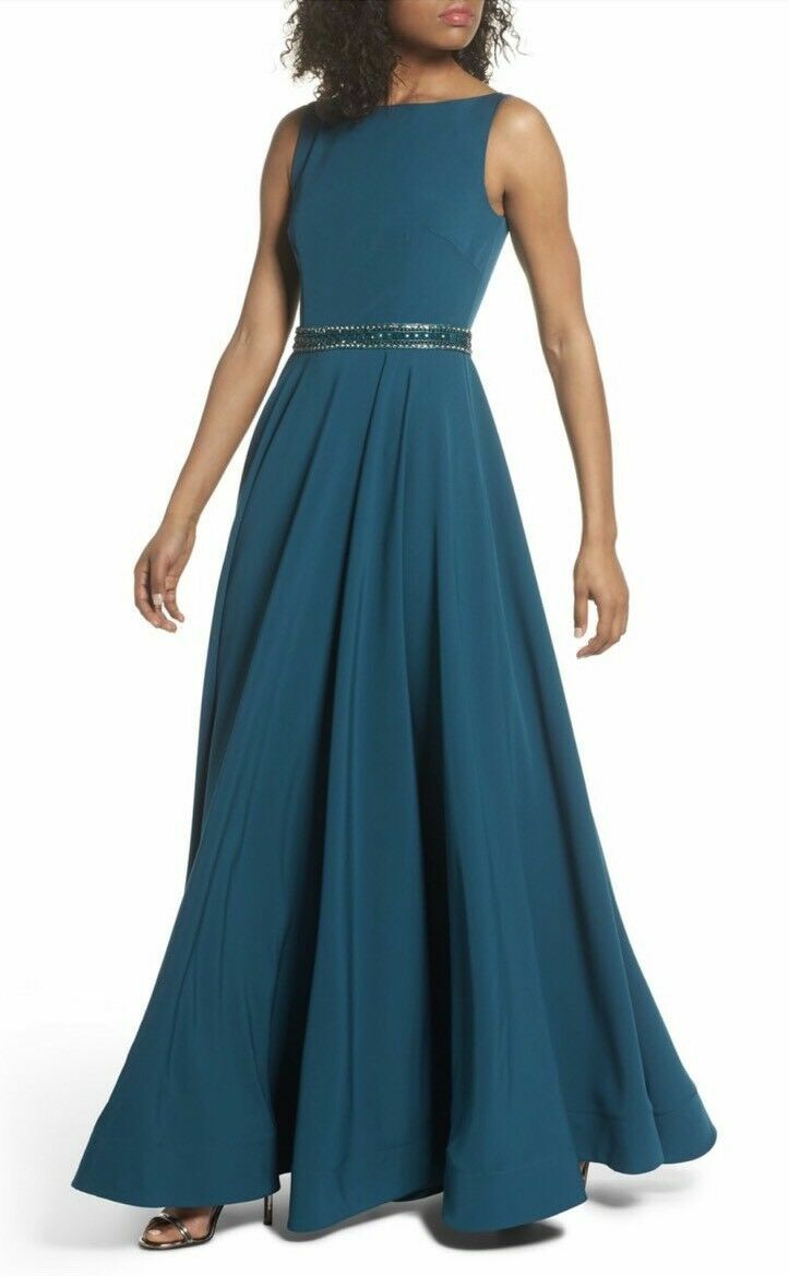 IEENA by MAC DUGGAL Teal Blue Green Beaded Waist A-Line Maxi Gown Dress 6 = S