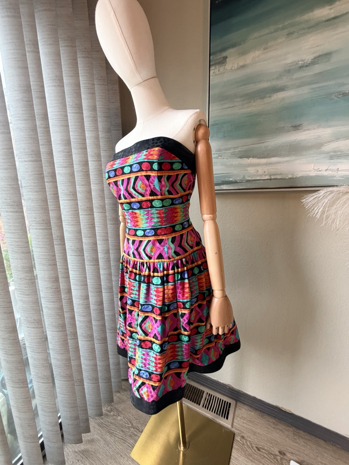 🌹 A.J. Bari Multicolor Silk Geometric Fit & Flare Strapless Knee Dress Size 12