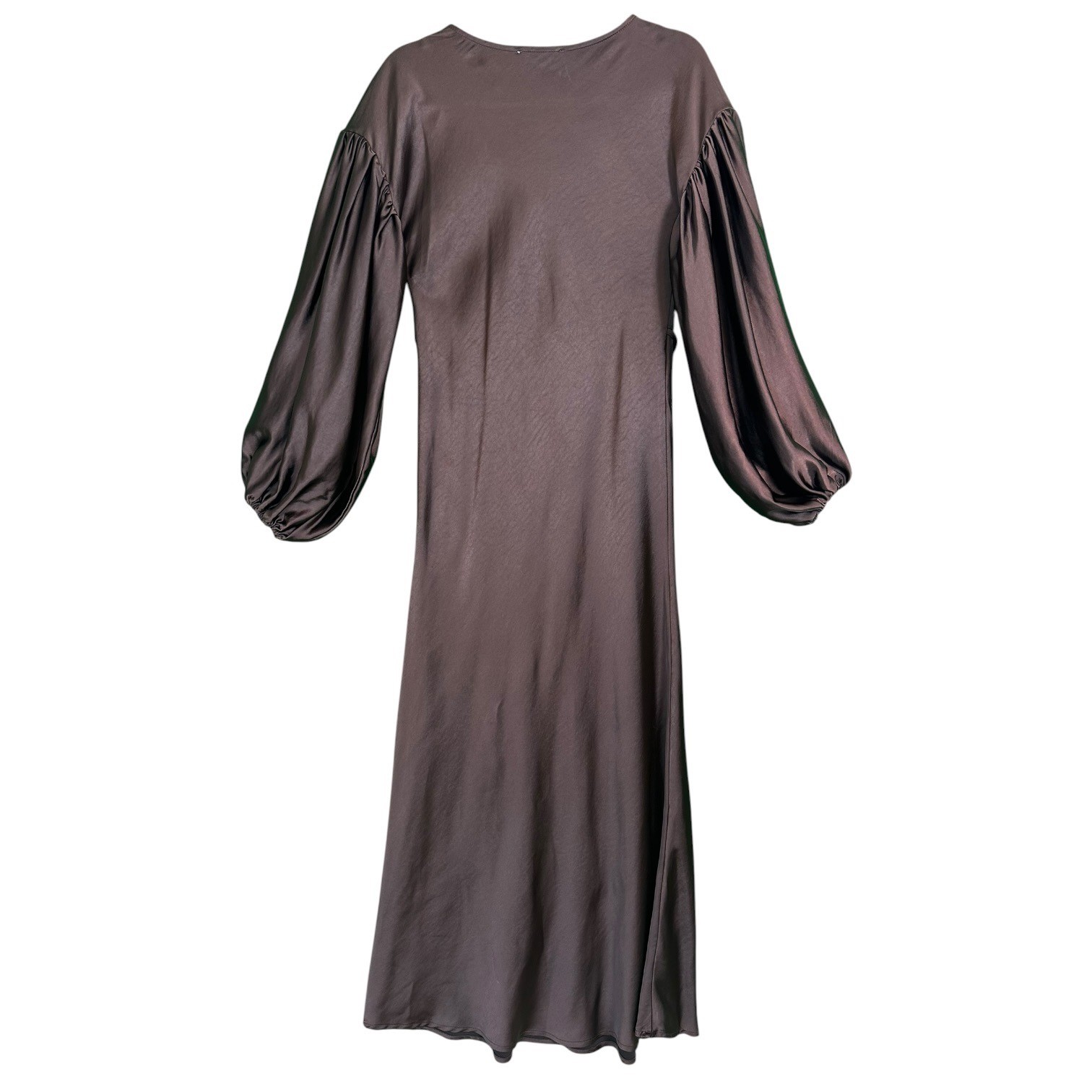 WeWoreWhat Maxi Dress Balloon Sleeve Satin Charmeuse Tie Waist Brown 2 Boho Chic