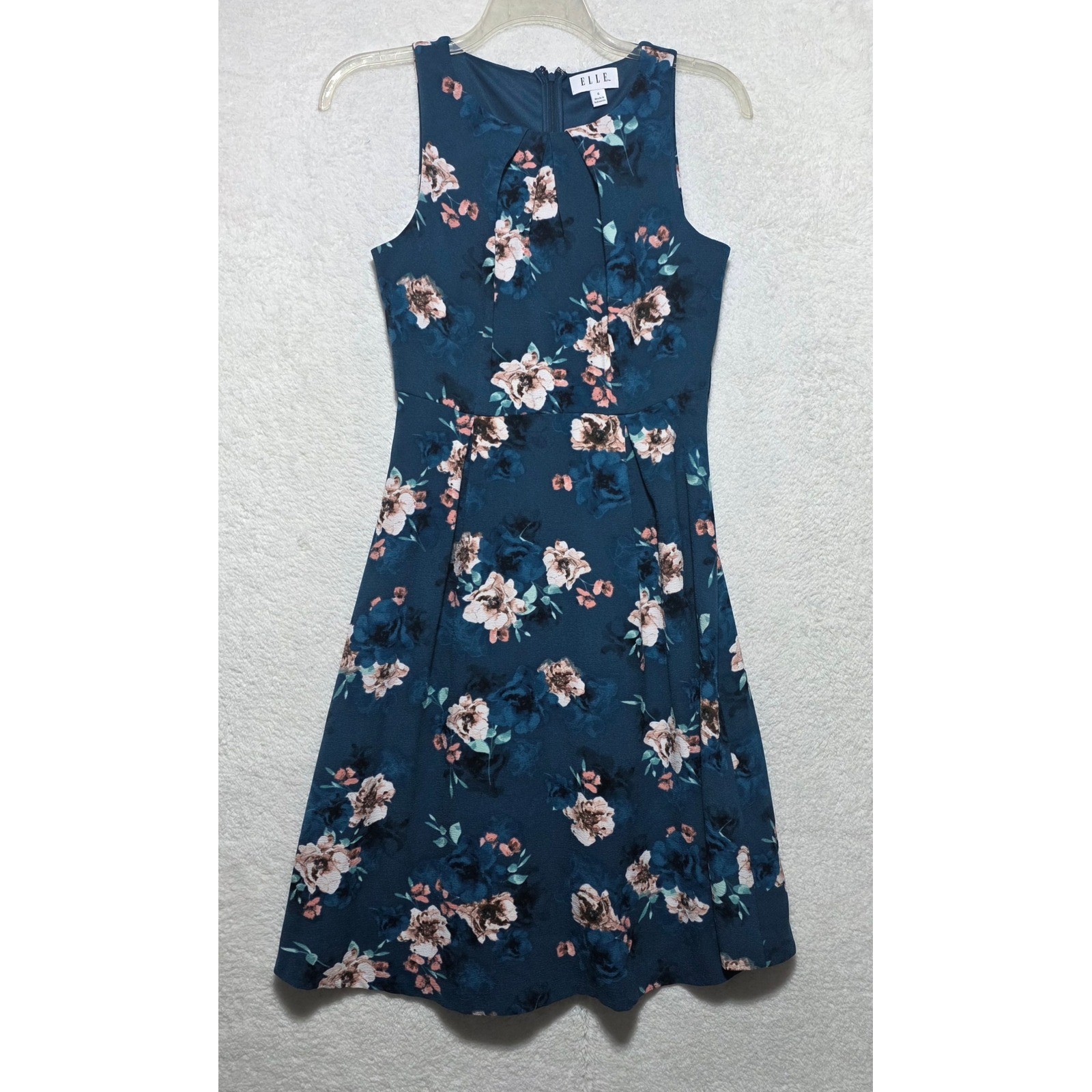 ELLE Women’s Teal Blue Floral Fit and Flare Sleeveless Dress Size 6 Round Neck
