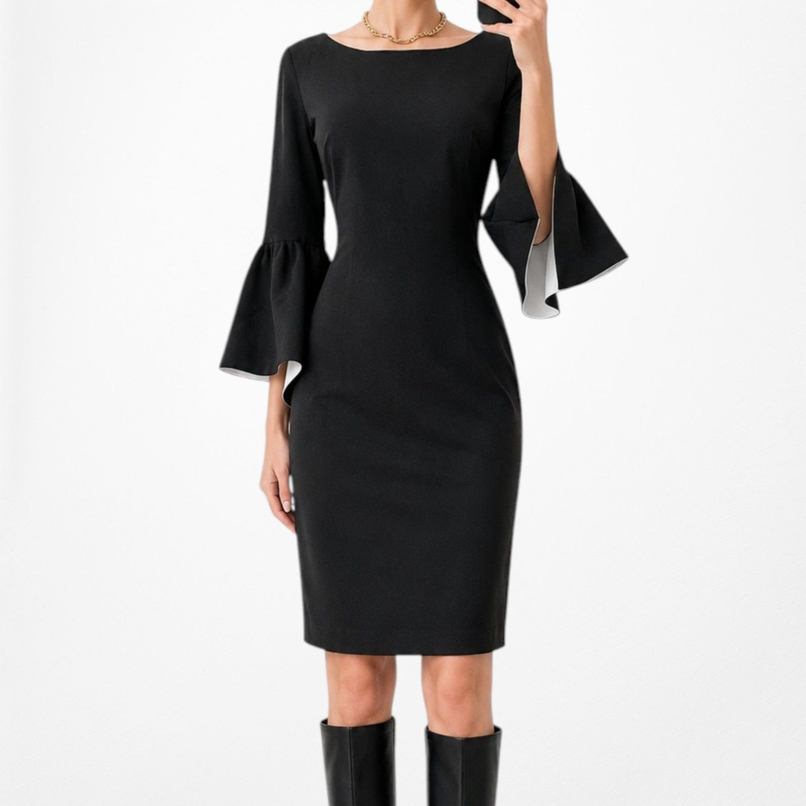 Vintage Y2K Calvin Klein Long Bell Sleeve Bodycon Sheath Cocktail Dress Size M/L