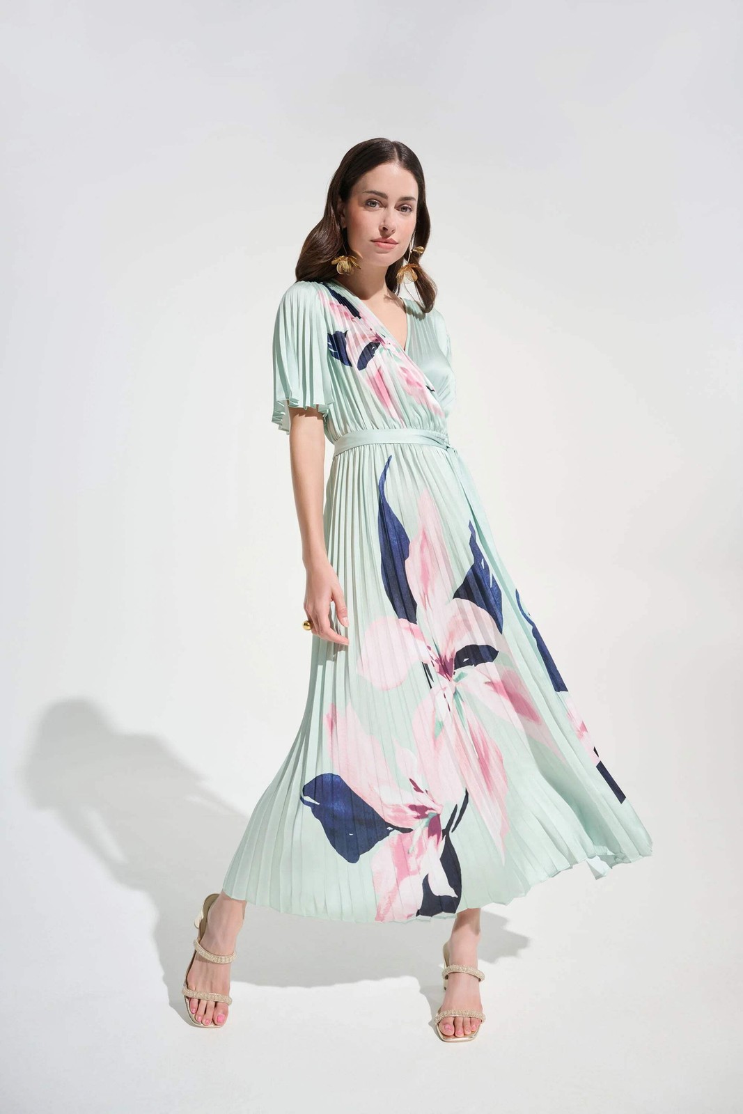 Joseph Ribkoff Green/Multi Floral Pleated Satin Maxi Dress 262712
