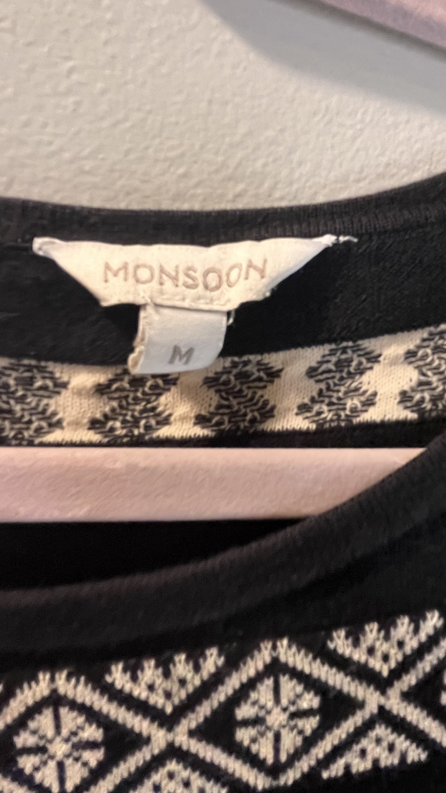 Monsoon Fair Isle 100% Cotton Knit Sweater Dress Black Ivory Long Sleeve Medium