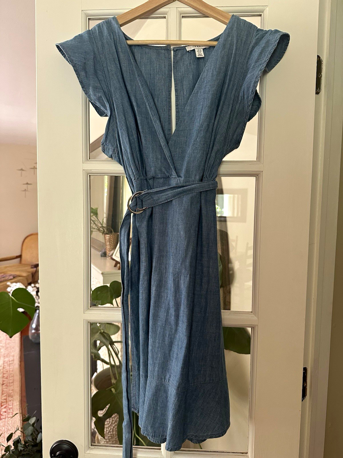 Topshop Blue Denim V-Neck Short Sleeve A-Line Midi Belted Zip Dress 8