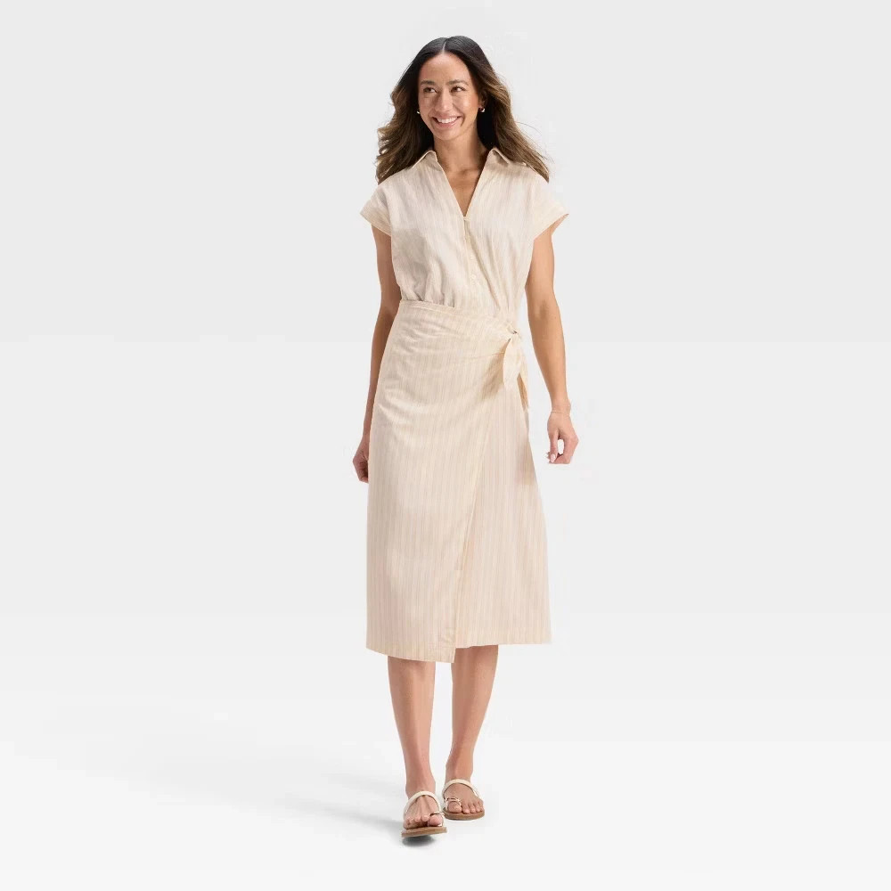 Women’s Short Sleeve Wrap Waist Midi Shirtdress – Universal Thread – Cream XL