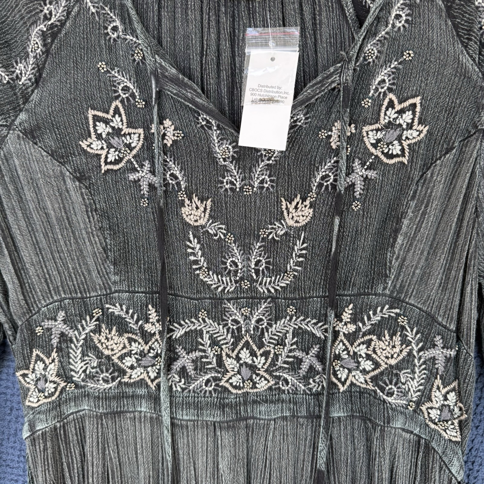 Sweet Magnolia Embellished Boho Prairie Beaded Maxi Dress Size Large Gray Teal