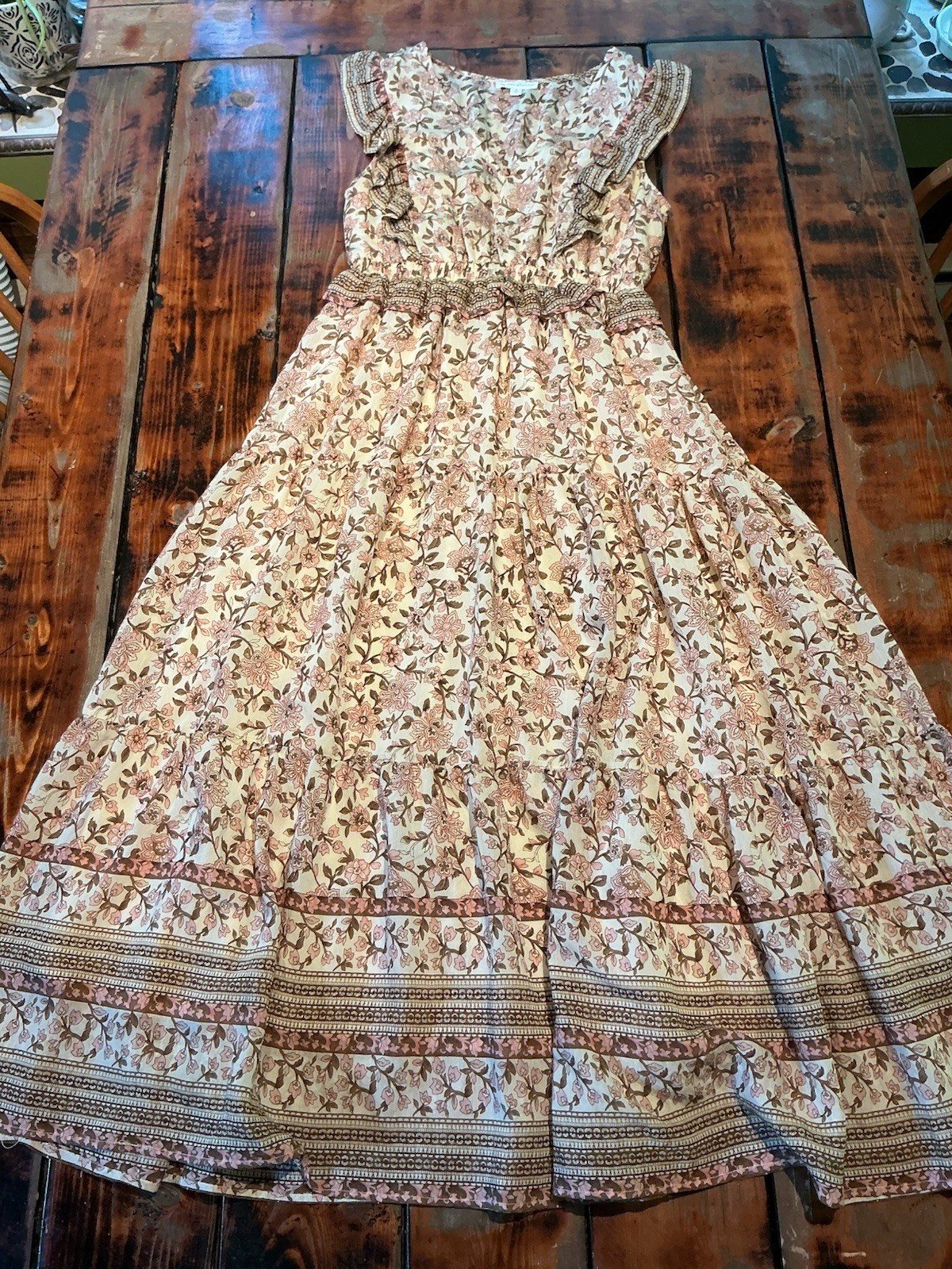 Womens S Ruffle Maxi Sundress Floral Boho Cottagecore Country Prairie Beige