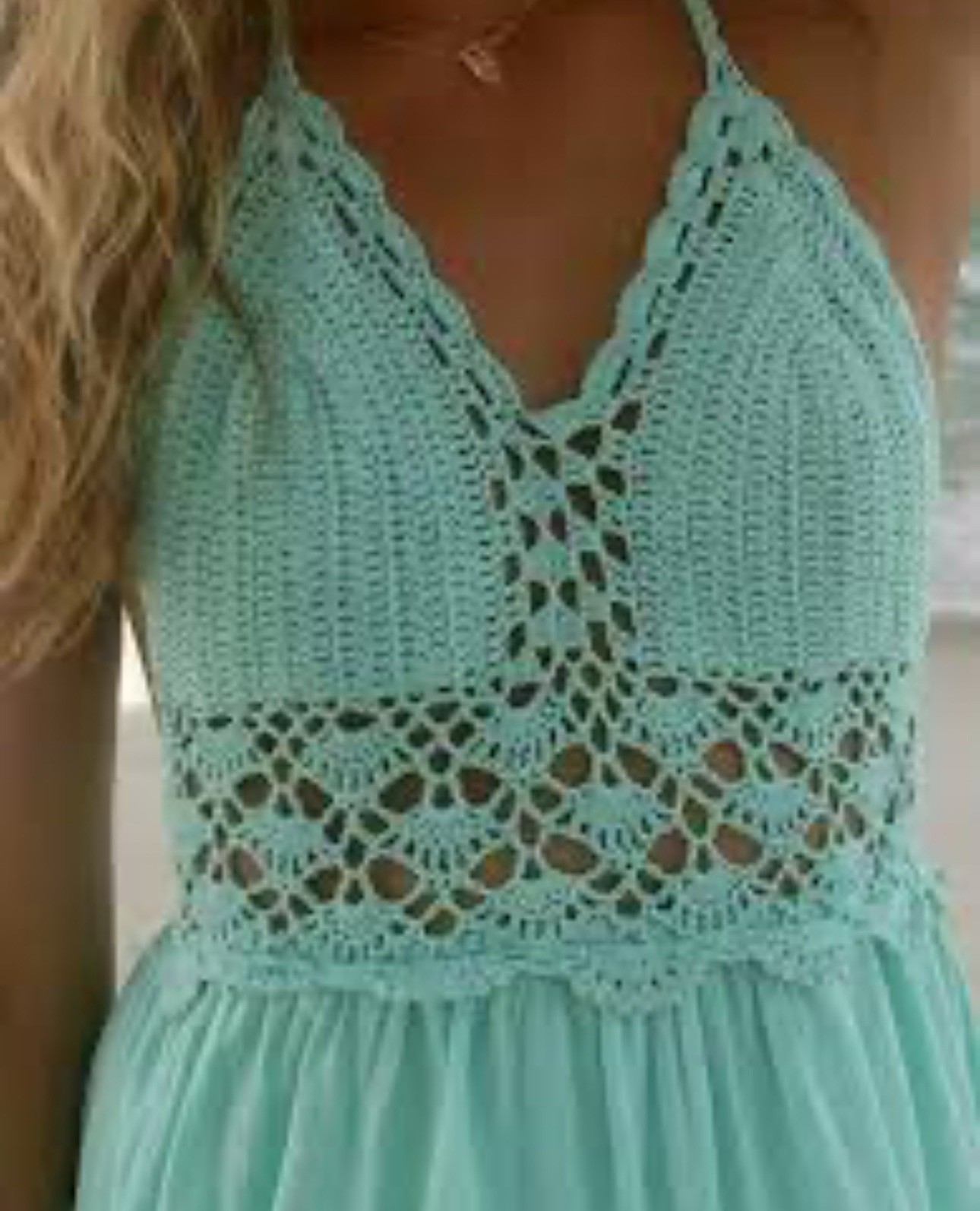 LB Lilbetter Crochet Halter Top Maxi Dress Seafoam Shade Long Size Med