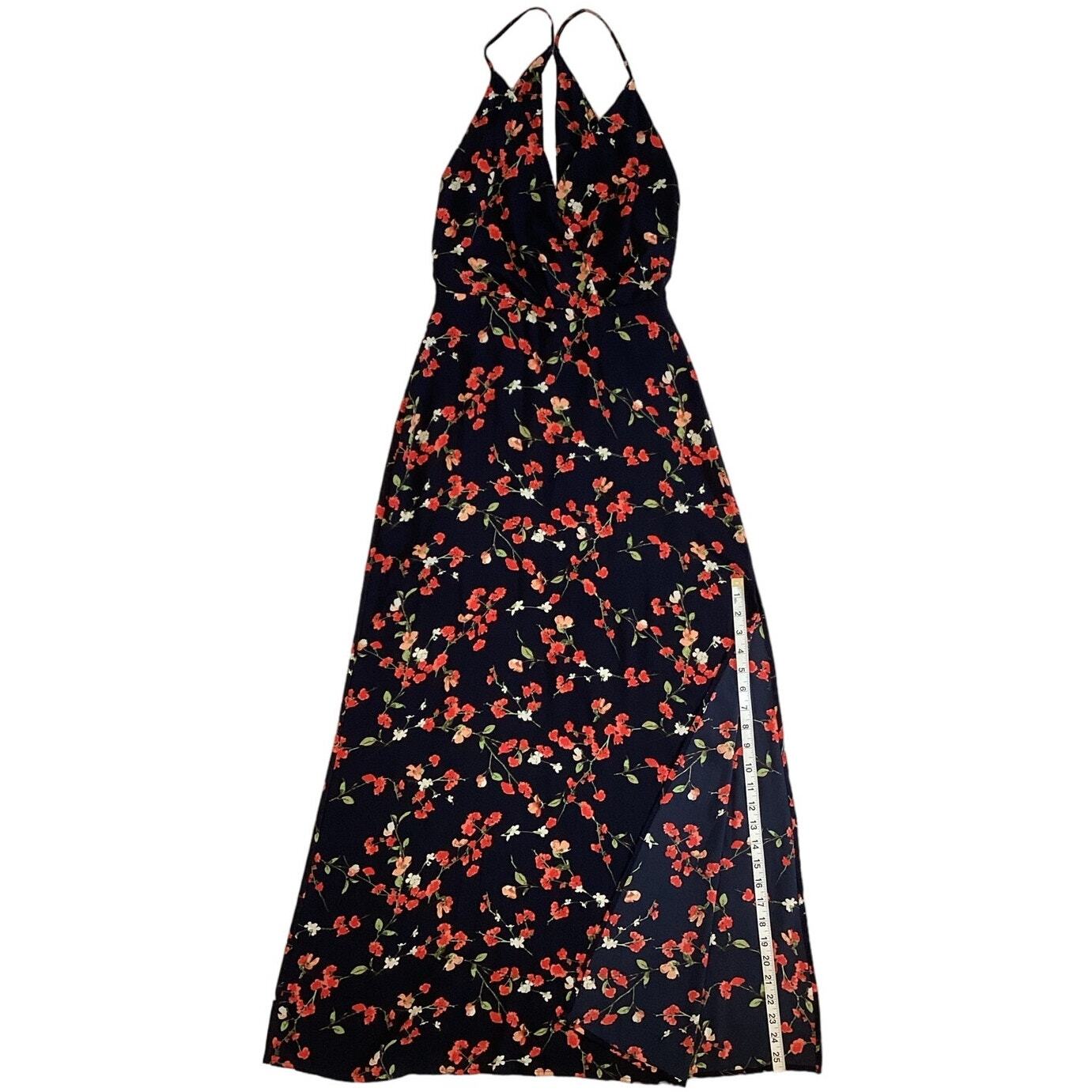 LUSH Floral Maxi Sundress Black Small Strappy V-Neck Wrap Look Side Slit Long