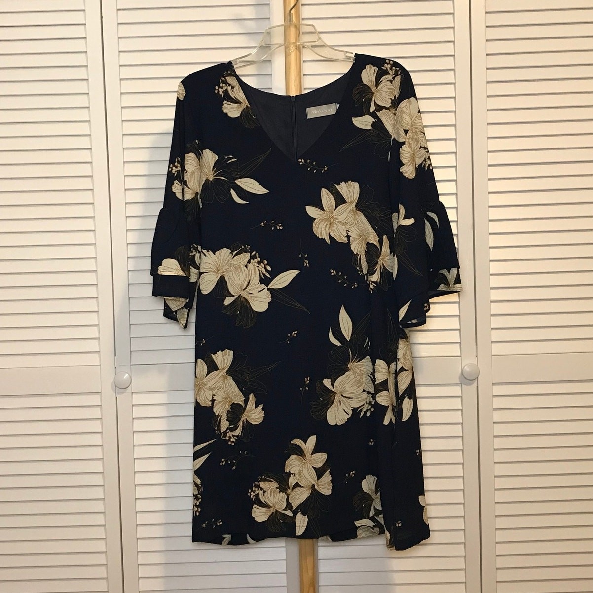 Belongsci Navy Floral V-Neck 3/4 Bell Sleeves Shift Dress L