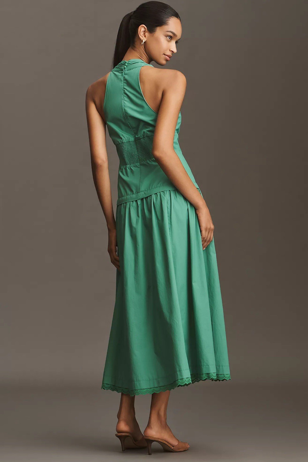 NWT! Anthropologie Maeve Halter V-Neck Drop-Waist Midi Dress Clove/Green Medium