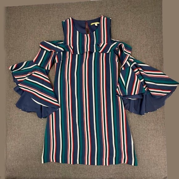 Gianni Bini Striped Dress Flutter Sleeves Cold Shoulder XS Blue Green Red White