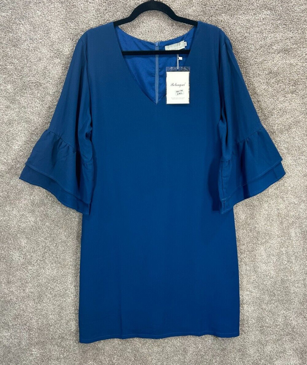 Belongsci Dress 2XL Knee Length Blue V Neck Bell Sleeve Shift Back Zi Career NWT