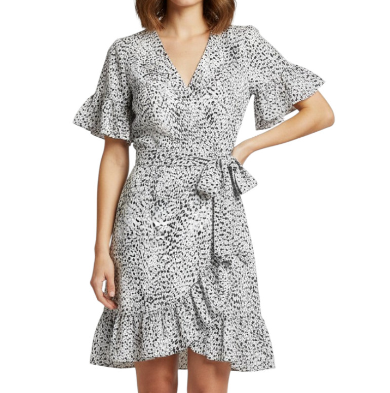 KARLIE Snow Leopard FAUX WRAP FRONT DRESS Ruffle Flutter Sleeve White/Black M