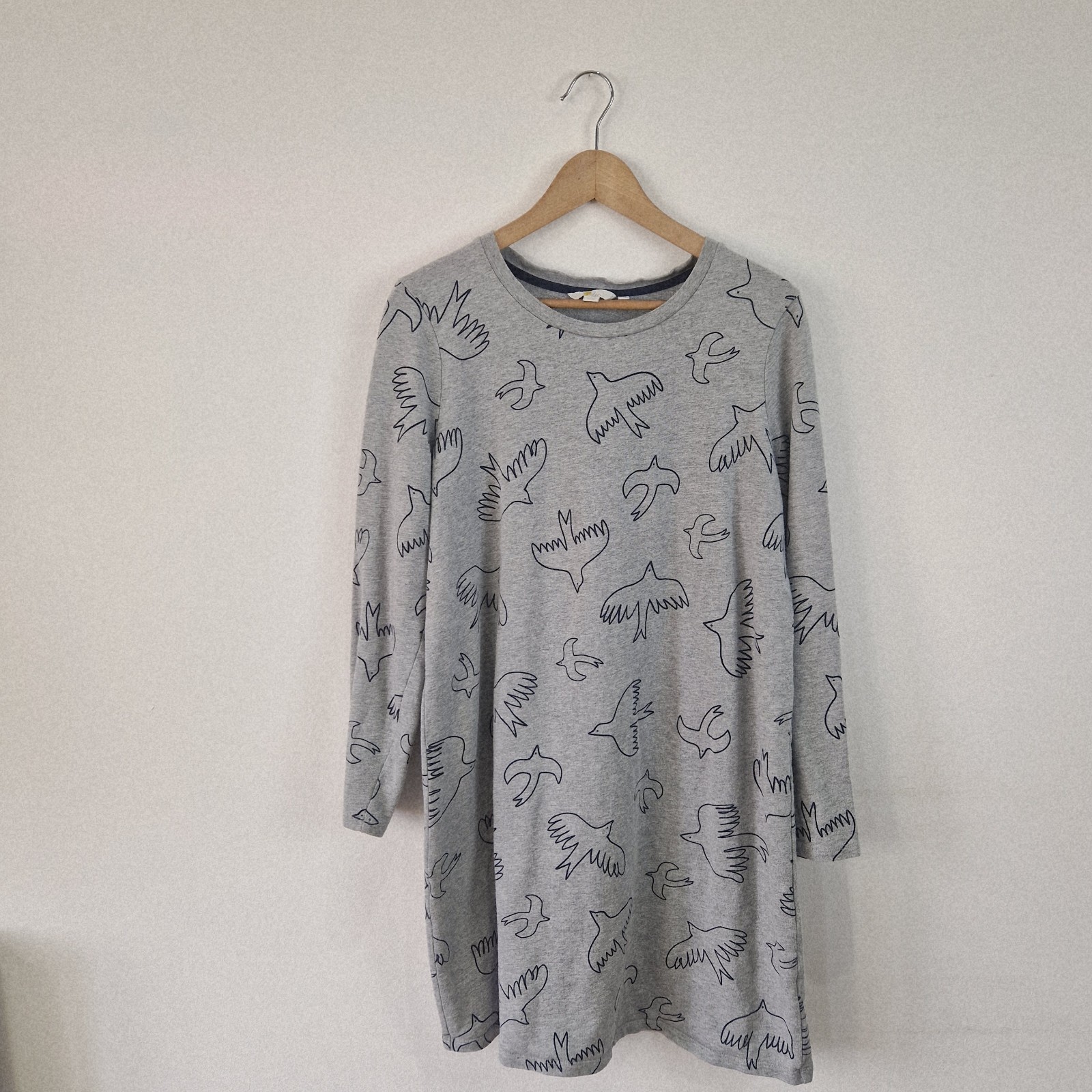 Ladies Boden Grey Marl Dove Bird Print Sweatshirt Dress UK 16 Casual Long Sleeve