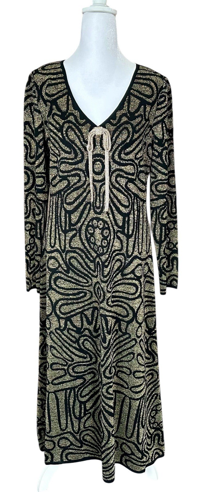 New Ming Wang Women’s Size SMALL Black Gold Lurex Metallic Swirl Knit Maxi Dress