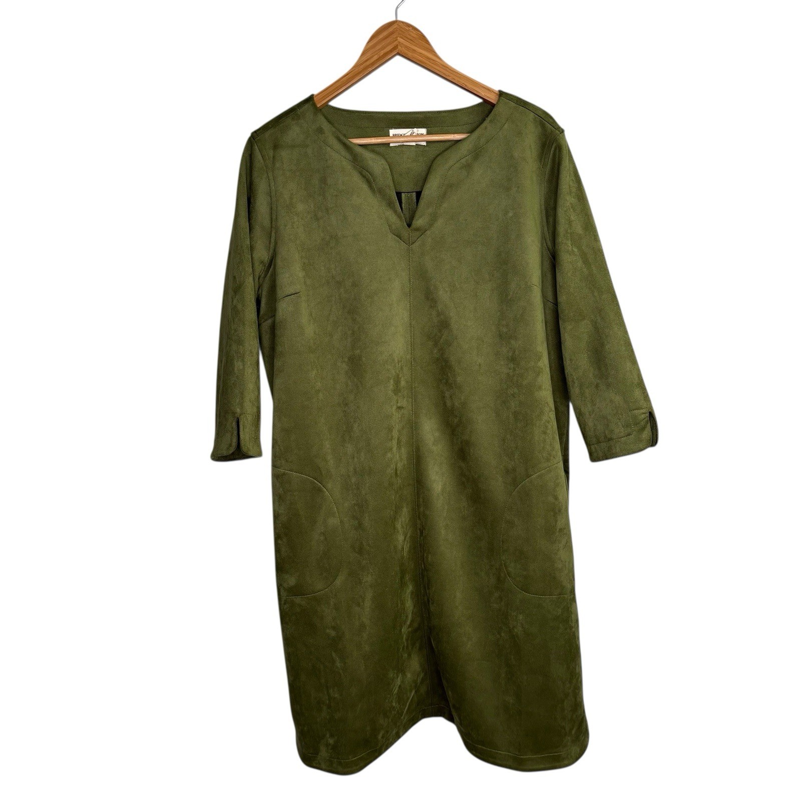 Isaac Mizrahi Womens Dress Large Green Faux Suede Midi Bridgehampton Pockets