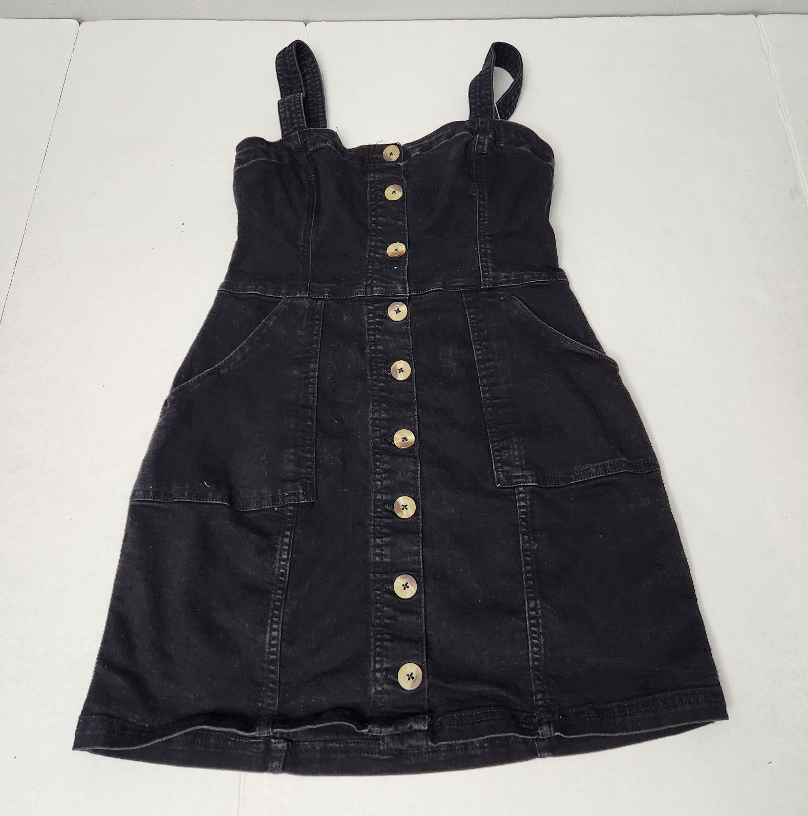 H&M Divided Black Denim Mini Dress Square Neck Button Front Pockets Size 8