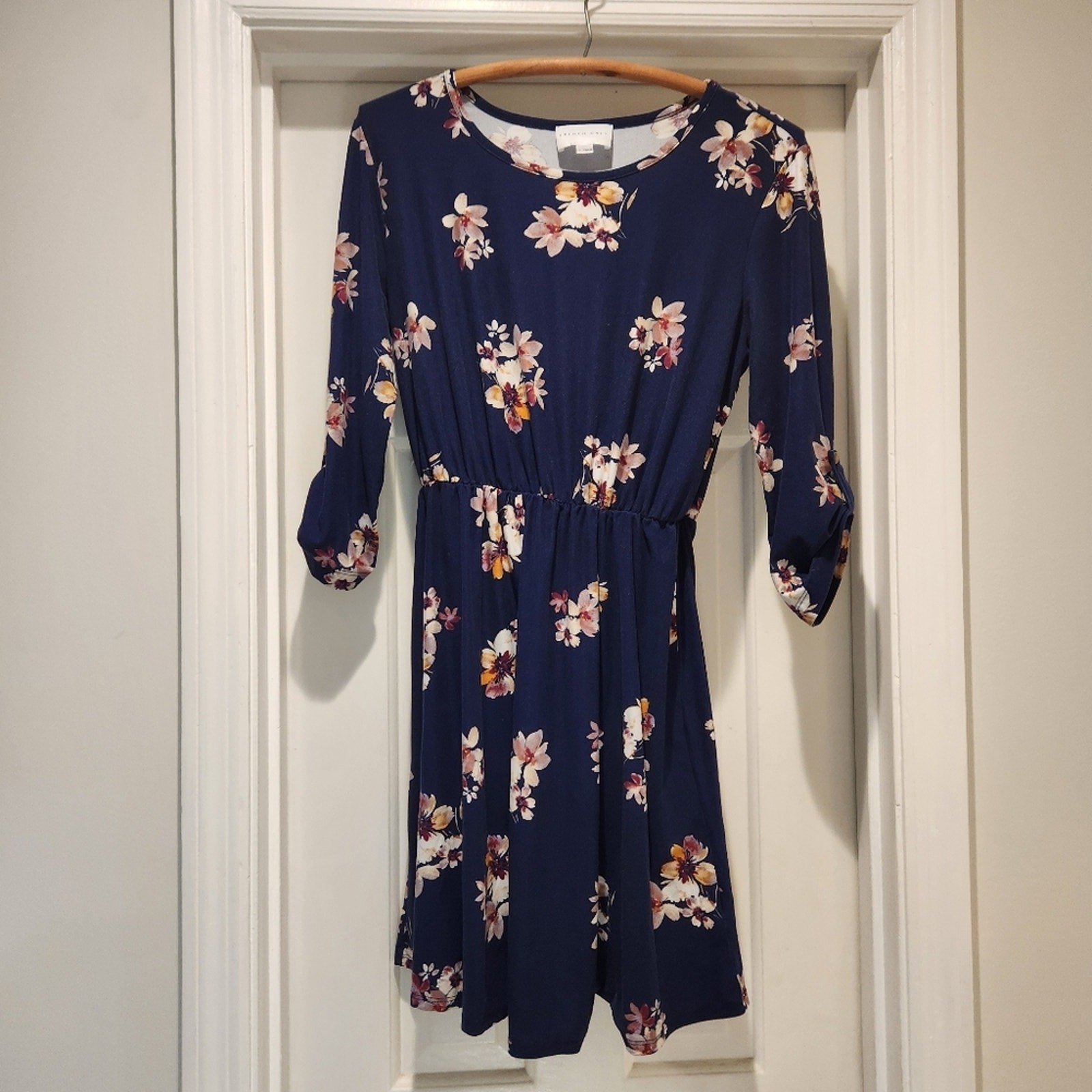 French Grey Quarter Sleeve Floral Navy Dress Womens Size Large