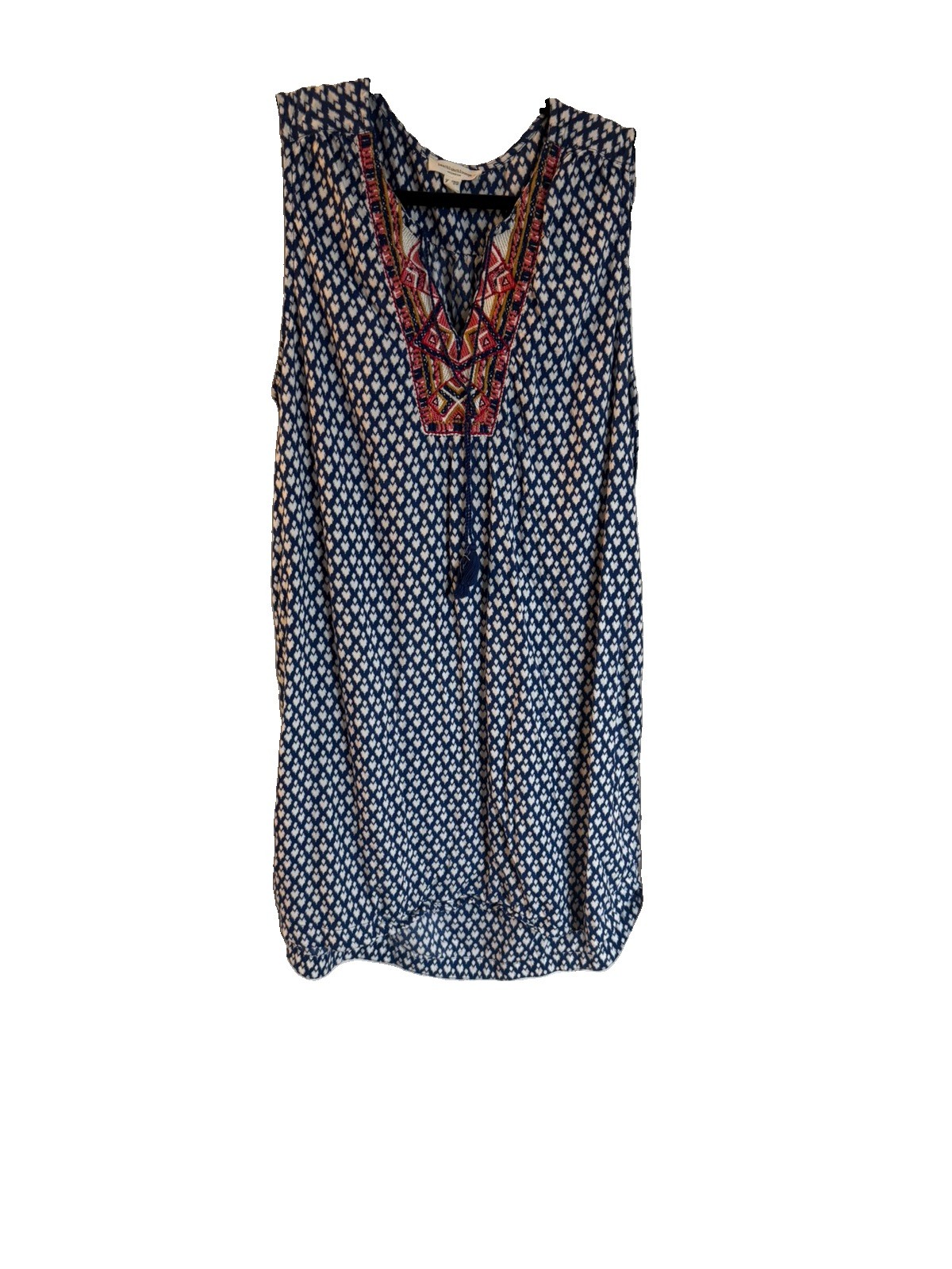 Beach Lunch Lounge Womens Large Blue Paisley Boho Tassel Neck Sun Dress Size XL
