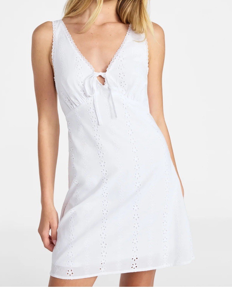No Boundaries Women’s Size L Eyelet Cotton Lace Trim Plunge Mini Dress, NWT