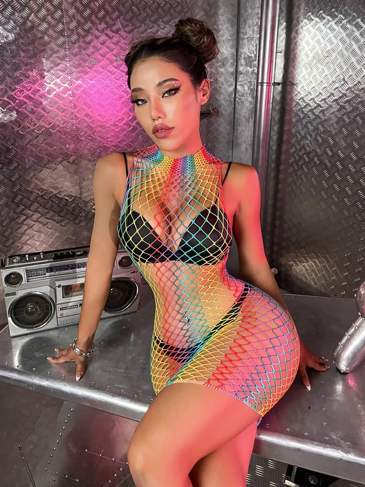 Sexy LGBT Rainbow Pride Hollow Out Net Dress Baby Doll No Lingerie US SELLER