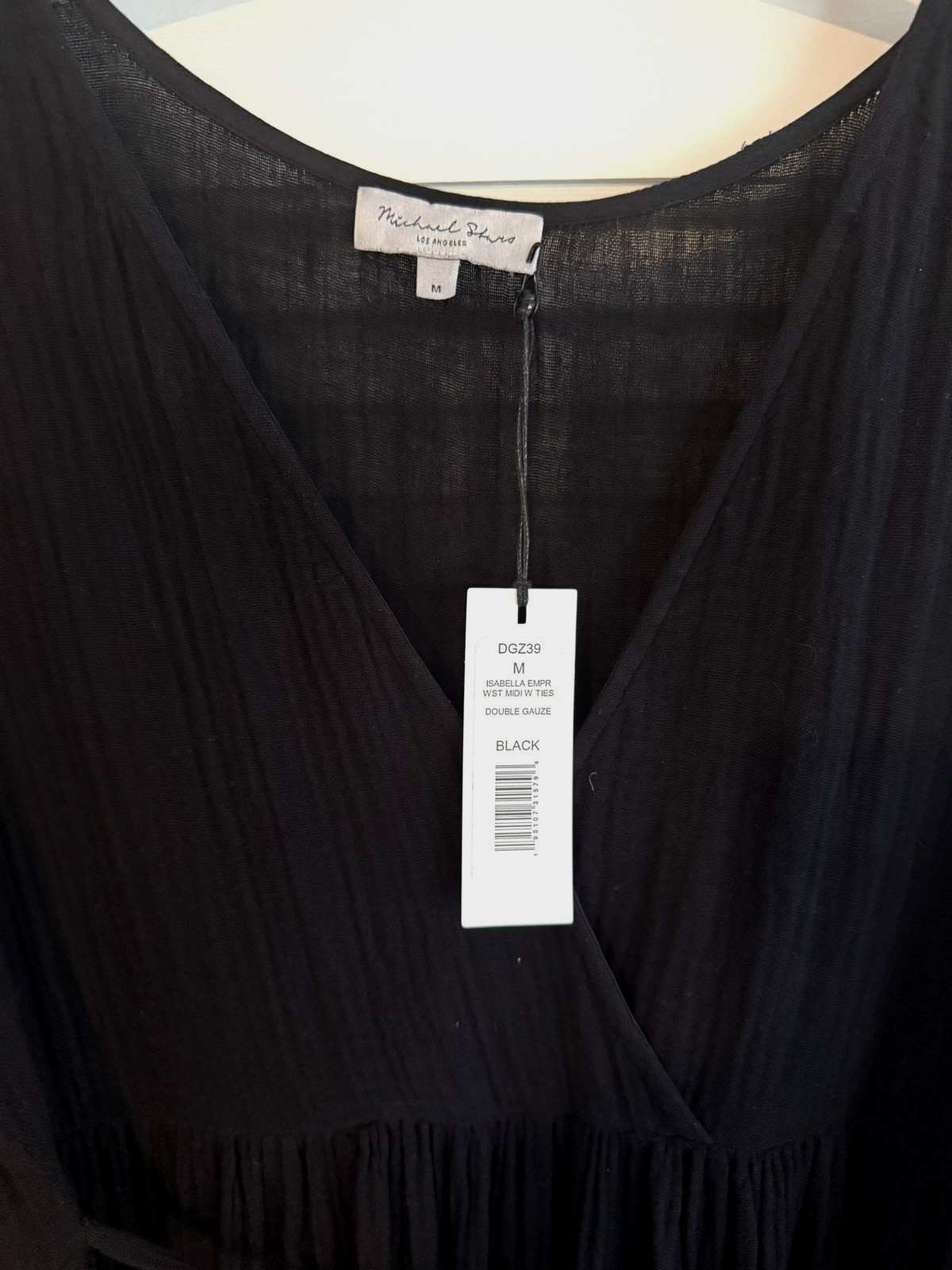 Michael Stars $188 Black Issabella Empire Waist Midi Dress w/ Ties V-Neck M NWT