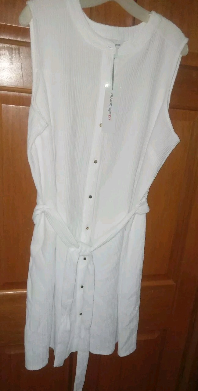 NWT Liz Claiborne White Sleeveless At Knee Buttondown TieBelt Tshirt Dress Sz 1X