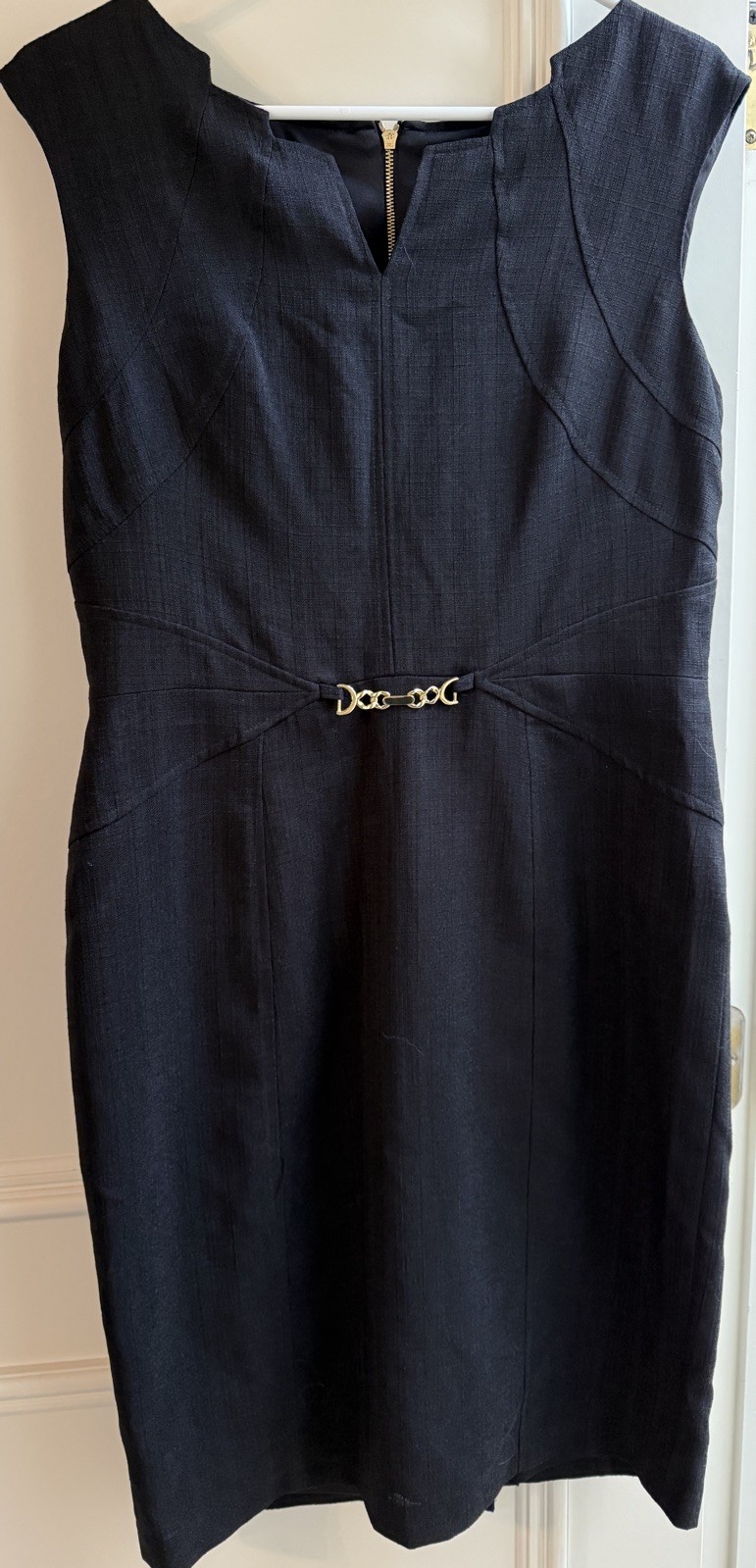 Ellen Tracey Black Dress, front buckle like design, zipper back, size 8