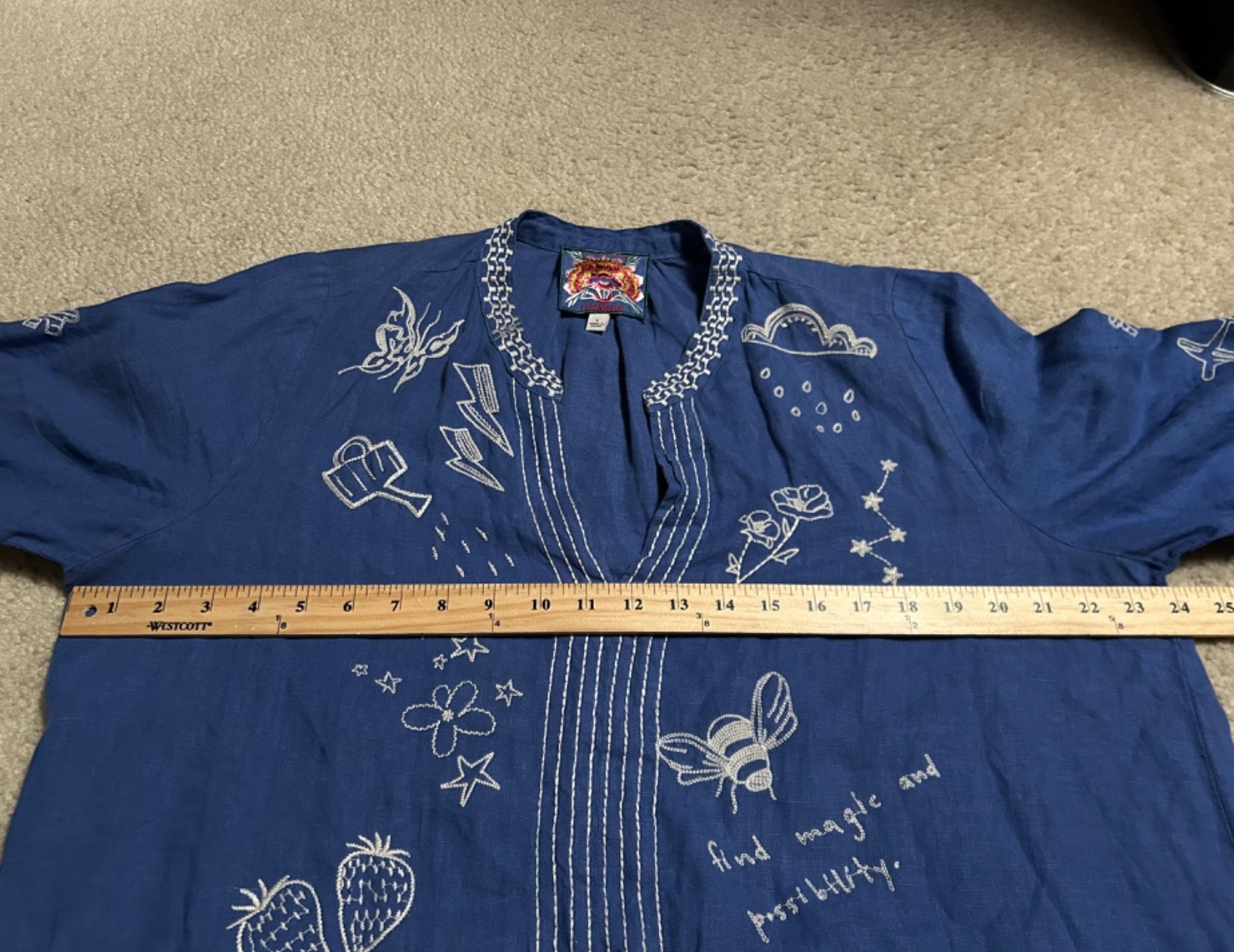 JOHNNY WAS Sovanna Blue Embroidered LINEN Bishop Tunic Dress LARGE popover