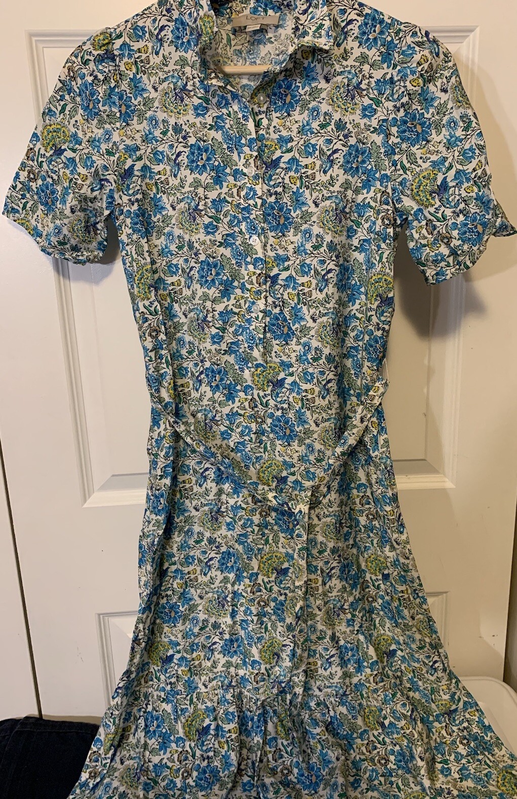 Loft Blue Green Yellow Floral Button Front Dress Sz XSP Petite Belt Dress