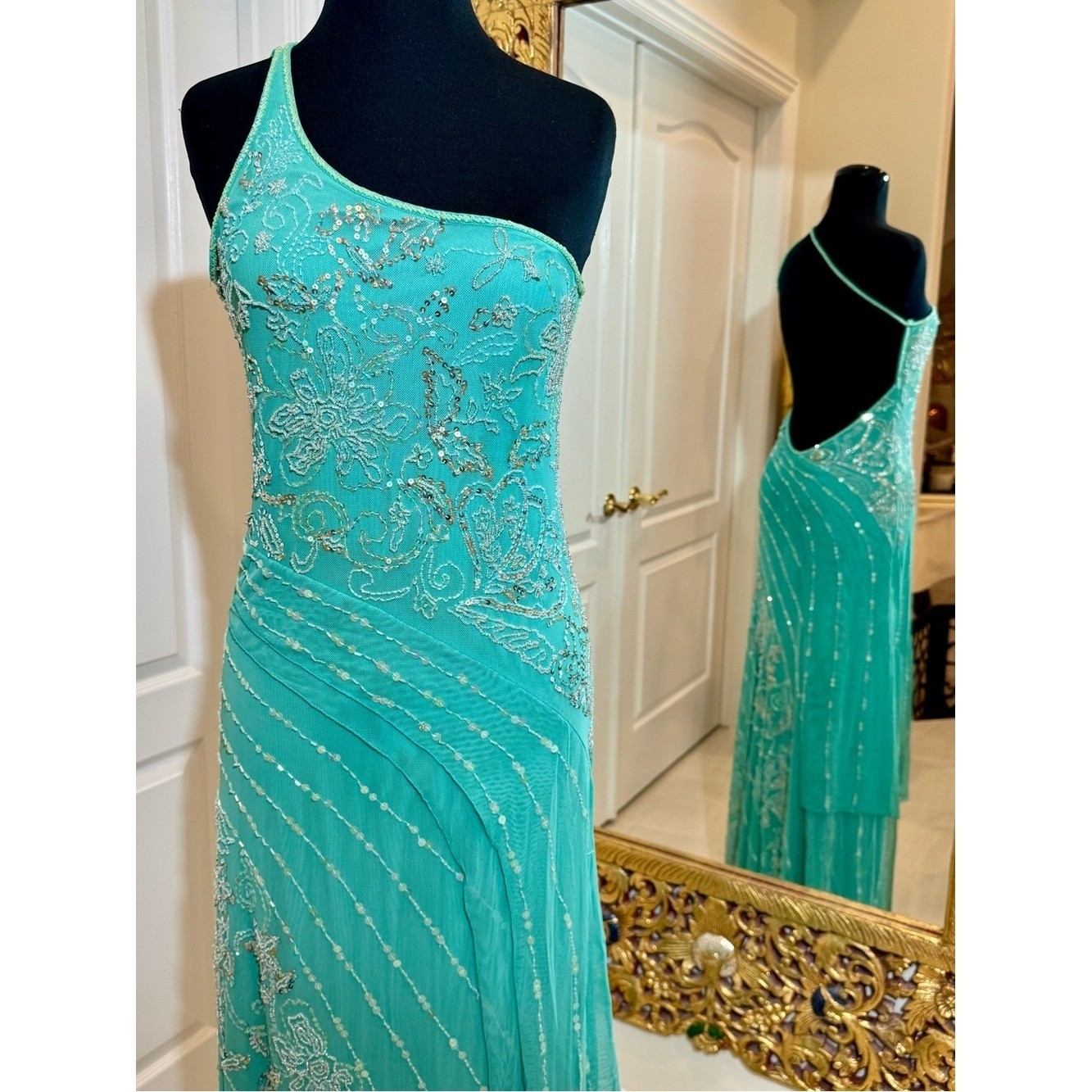 One-Shoulder hand beaded aqua Evening Gown stretch fabric attitudes by Debra