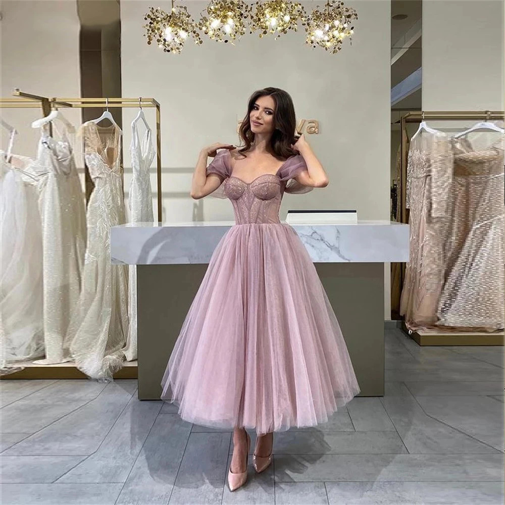 Thin Chiffon Short Ball Gown Shoulder Baring Layered Saudi Arabian Evening Dress