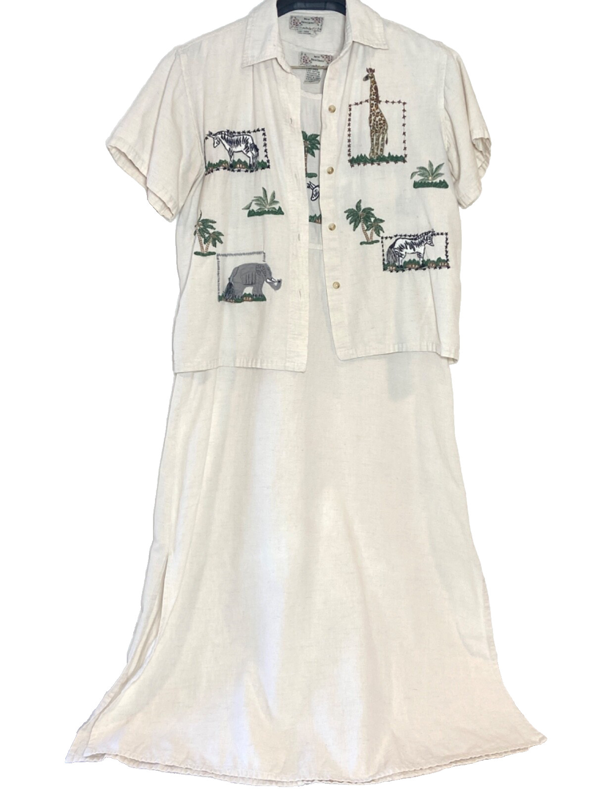Vtg New Direction Linen Blend Dress Shirt Set African Animals Embroidery Bust 38