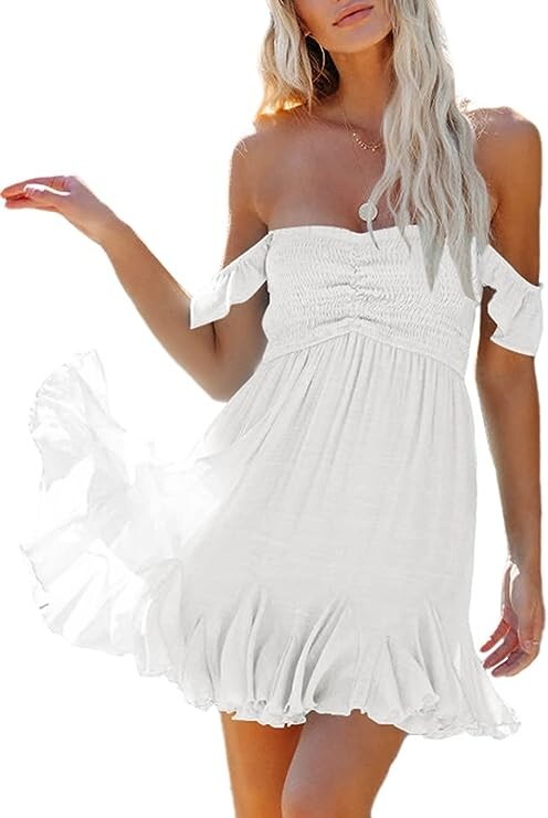Fixmatti Women Summer Smock Tube Top Off Shoulder Ruffles A-Line Flowy Dress M