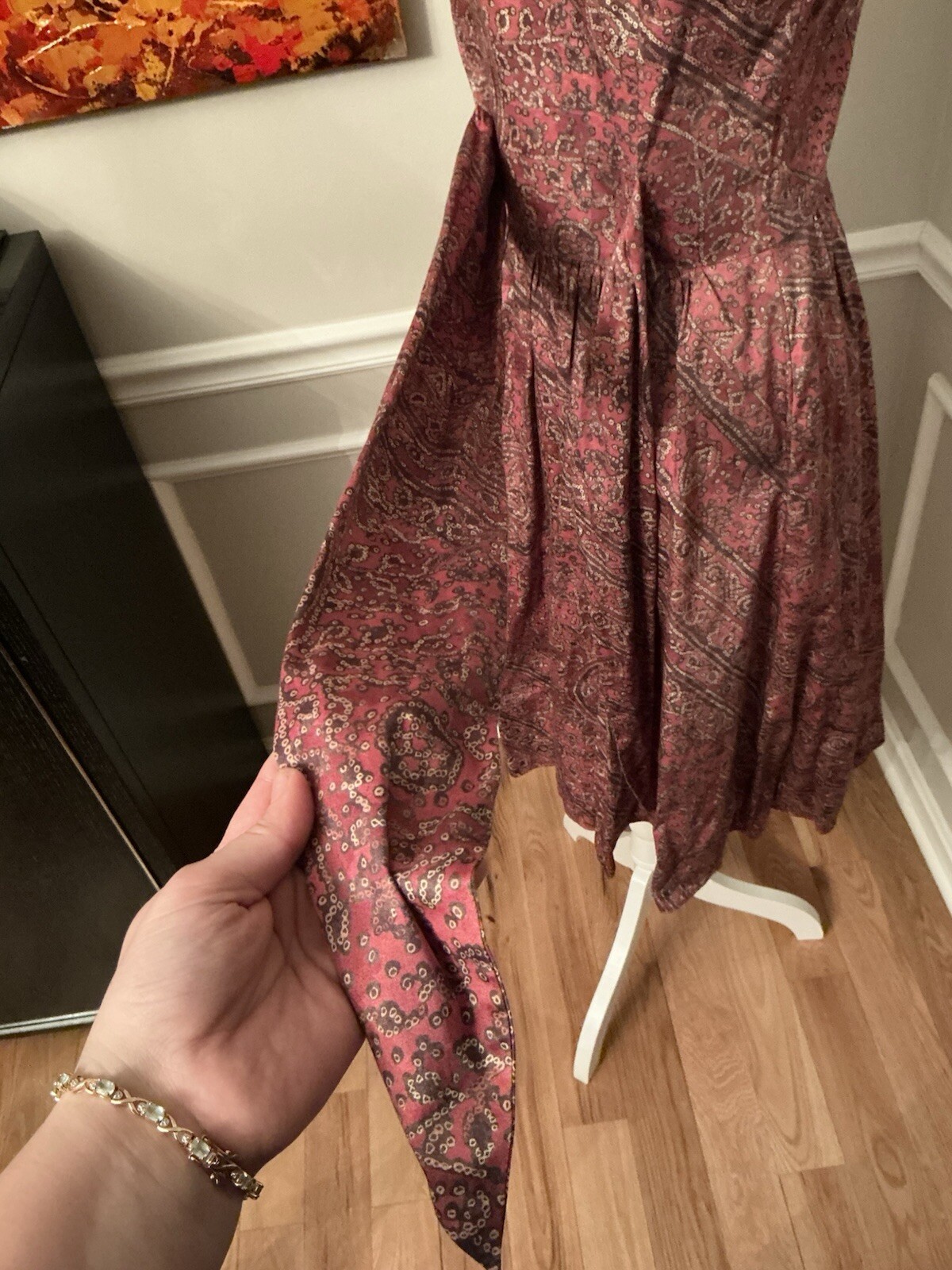 Peruvian Connection Dress Red Brown Pattern Midi Size Small Tie Bow Sash Cotton