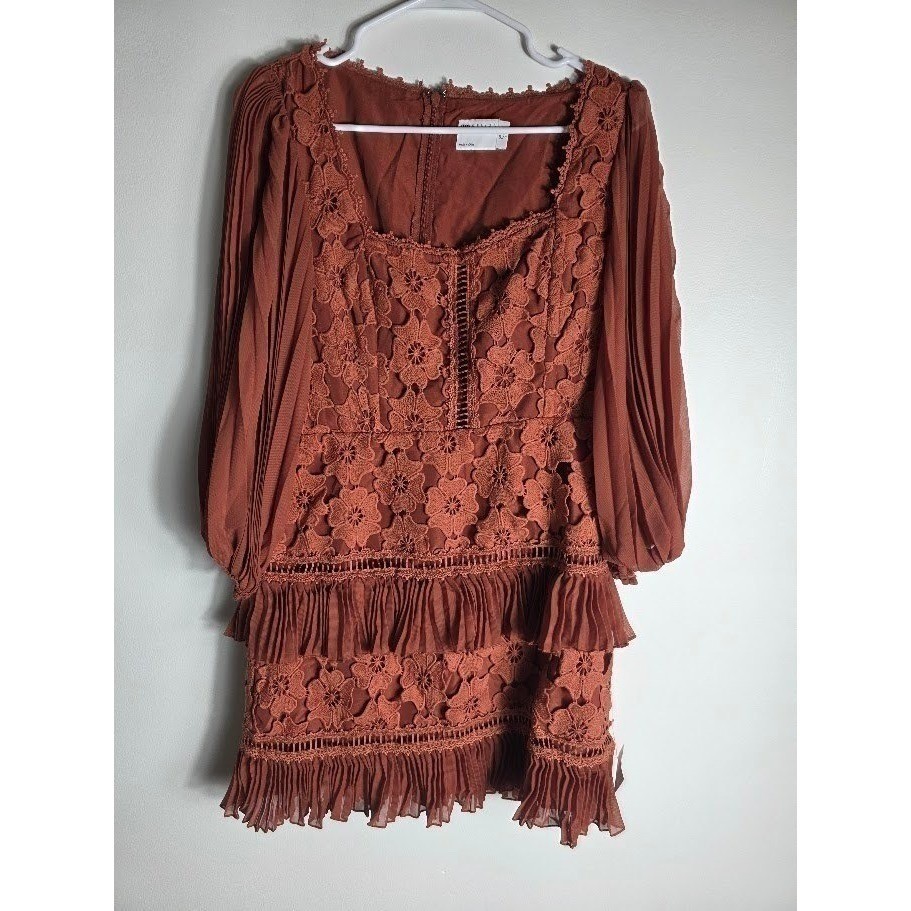 Designer Rust Floral Lace NO BELT NWT Pleated Ruffle Mini Dress Square Neck