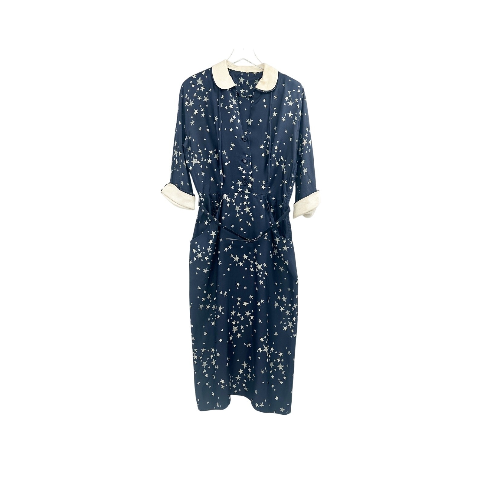 vintage blue & white stars midi Dress belt women’s S / M small medium *damaged*