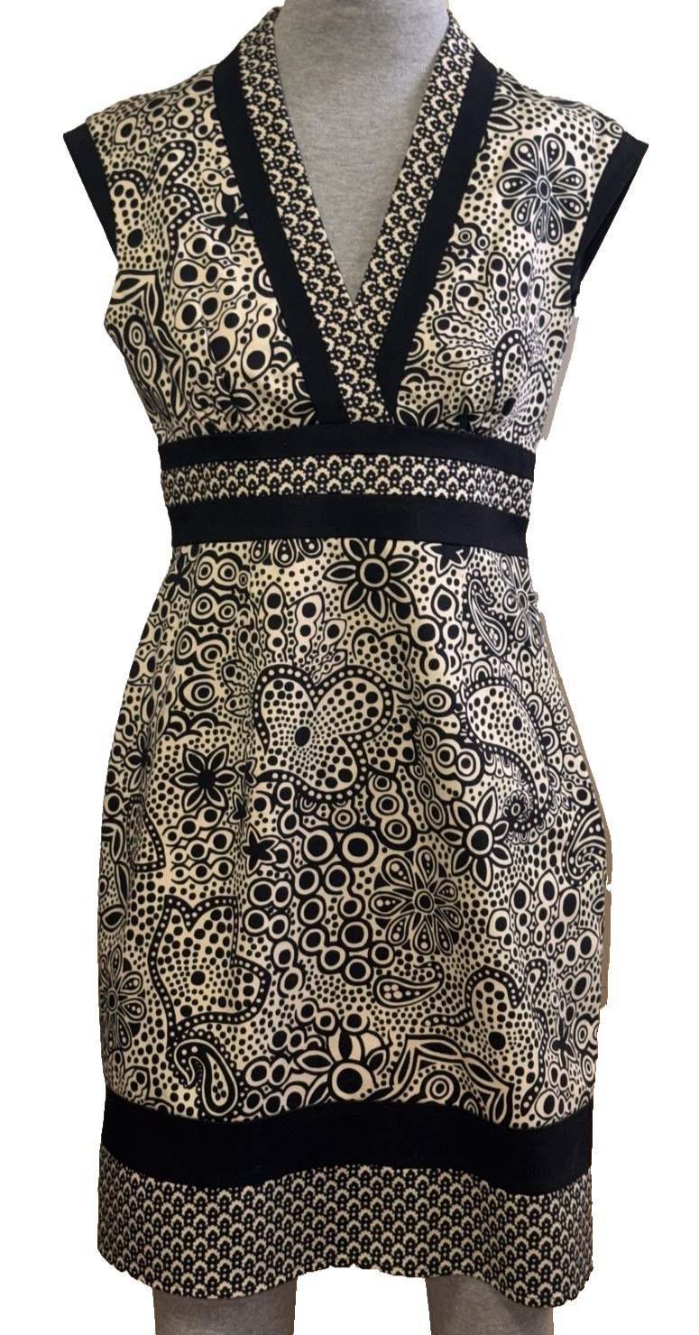 Jones New York Floral Black Beige Sheath Dress V-Neck Cap Sleeves Dress sz 4P