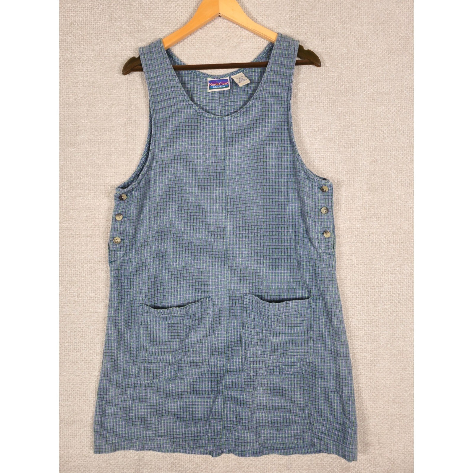 North Crest Vintage Jumper Dress Womens Size L Blue Plaid Cotton Gingham Pockets