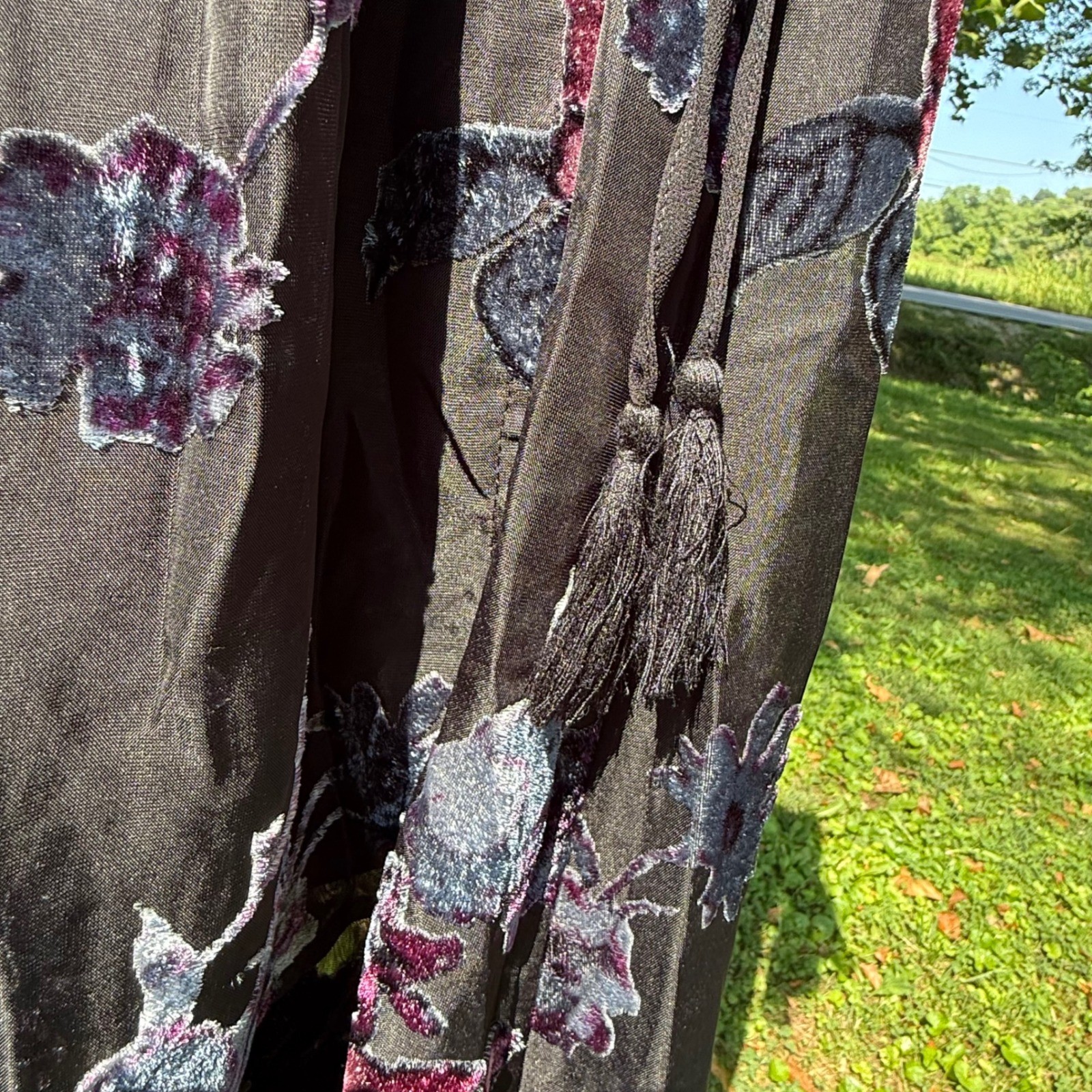 Flying Tomato Burnout Velvet Floral Maxi Dress Black High Low Bell Sleeve Wrap
