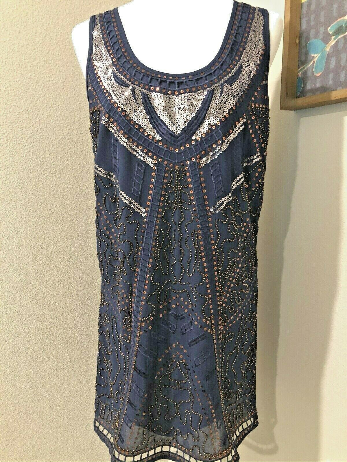 Navy Blue Beaded Sequined Sheath Evening Dress~S~ Cocktails Art Deco Flapper NWT