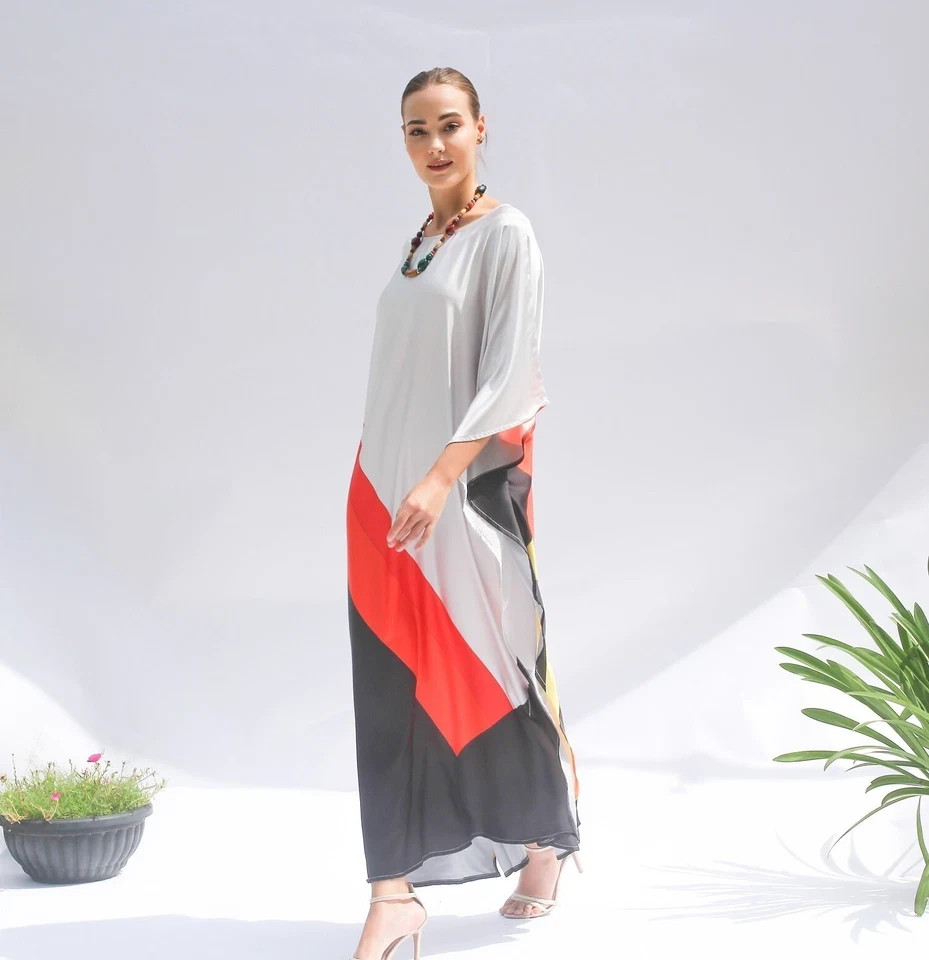 Soft Satin Silk Geometric Harmony Luxe Kaftan, Long Kaftan, Beach Wear, J5846