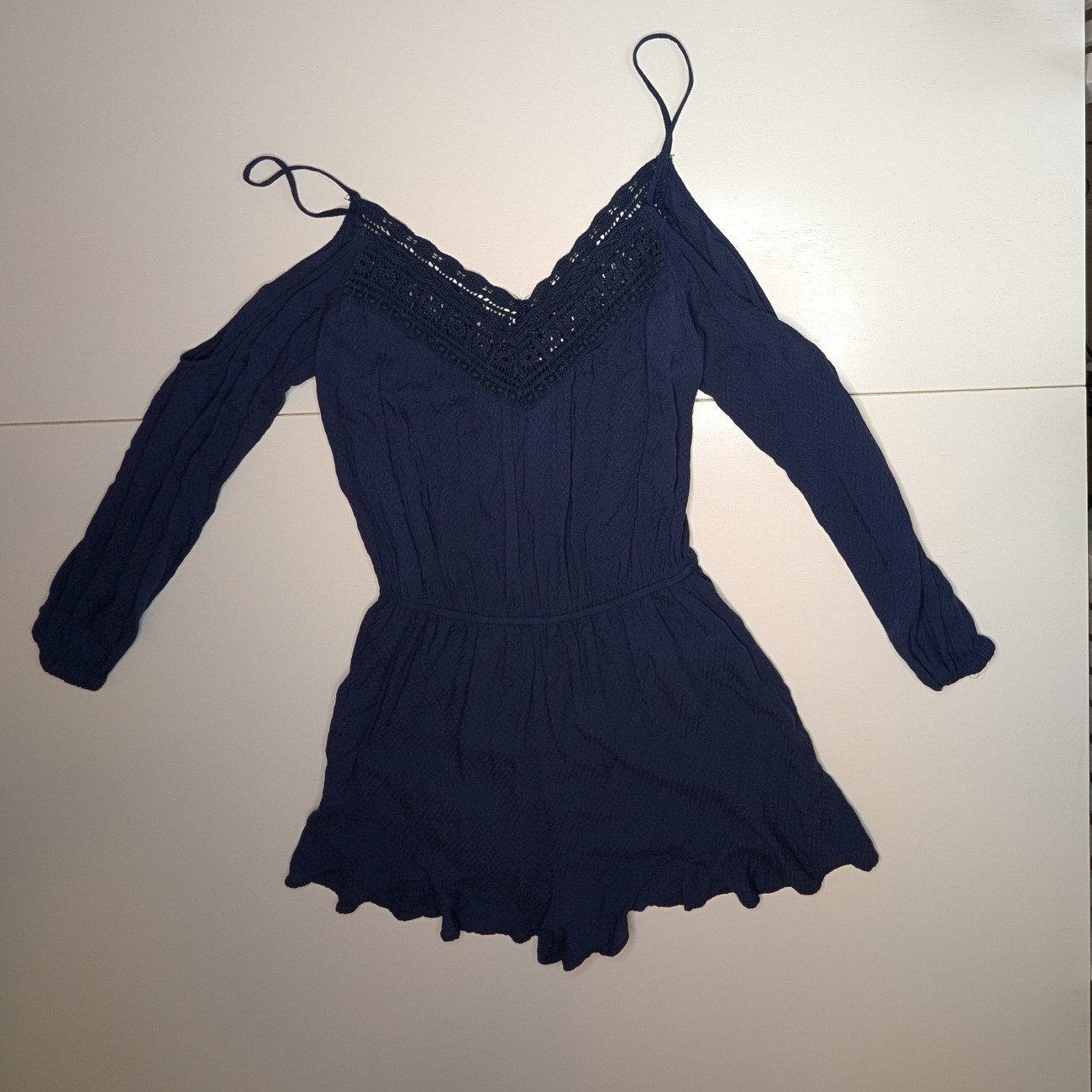 Ecote Navy Blue Long Sleeve Romper Lace Trim Spaghetti Strap Small