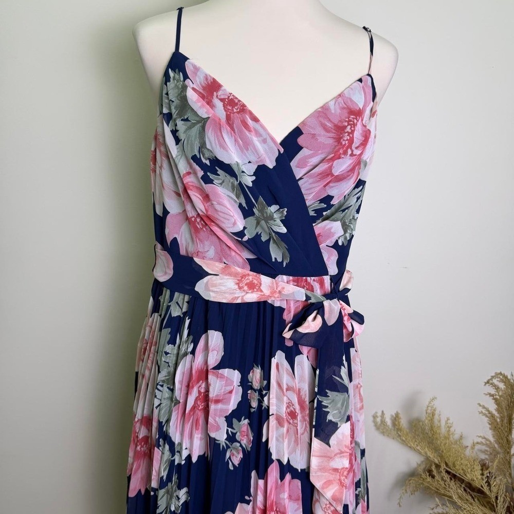 Premier Amour Size 14 Navy & Pink Floral Pleated Handkerchief Maxi Dress