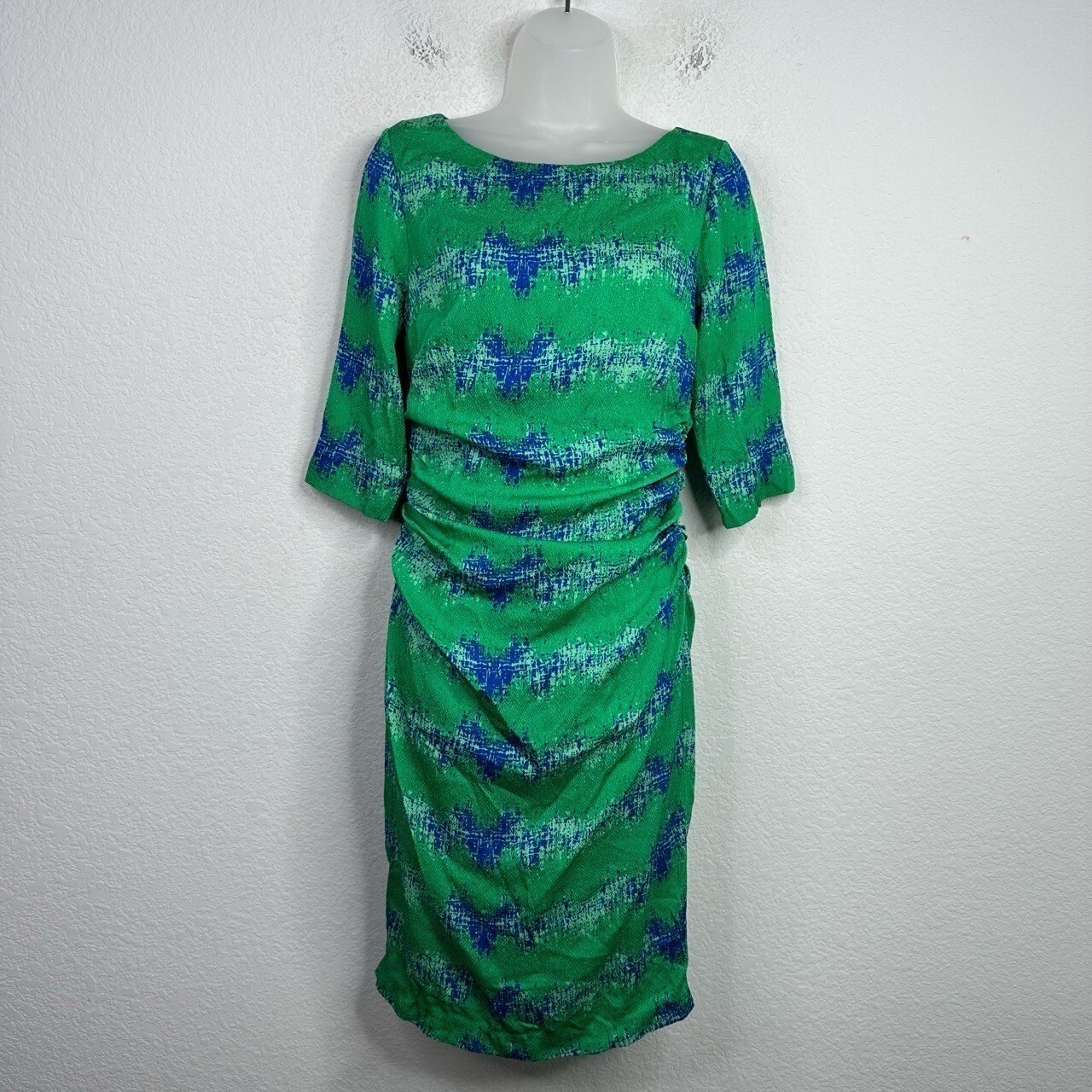 Tracy Reese Dress Womens 6P Green Blue Silk Abstract Ruched Luxury Feminine