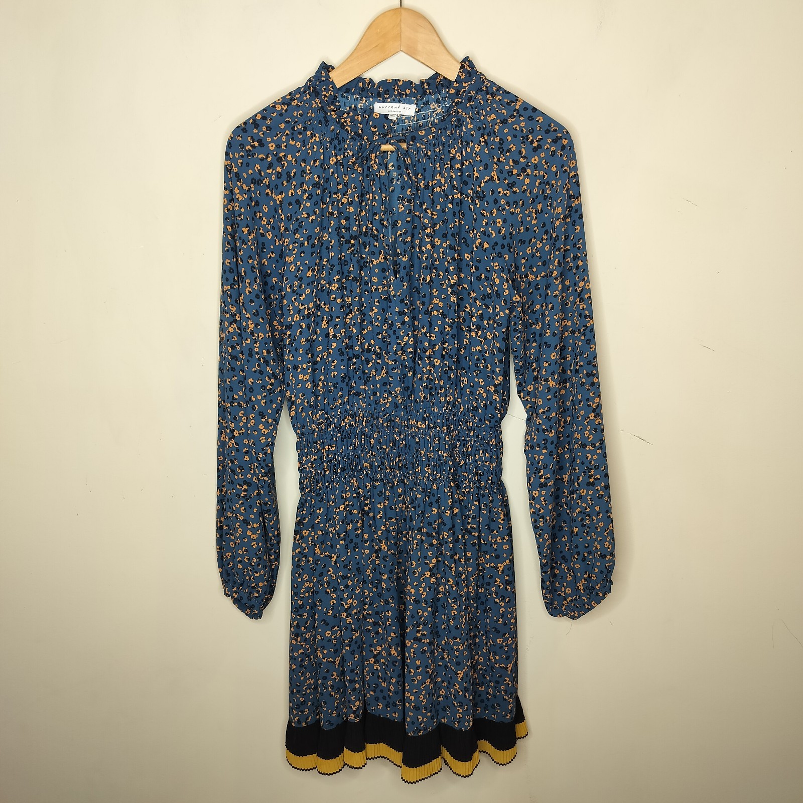 Current Air Smocked Waist Dress Floral Spotted Medium Balloon Sleeve Ruffle Neck