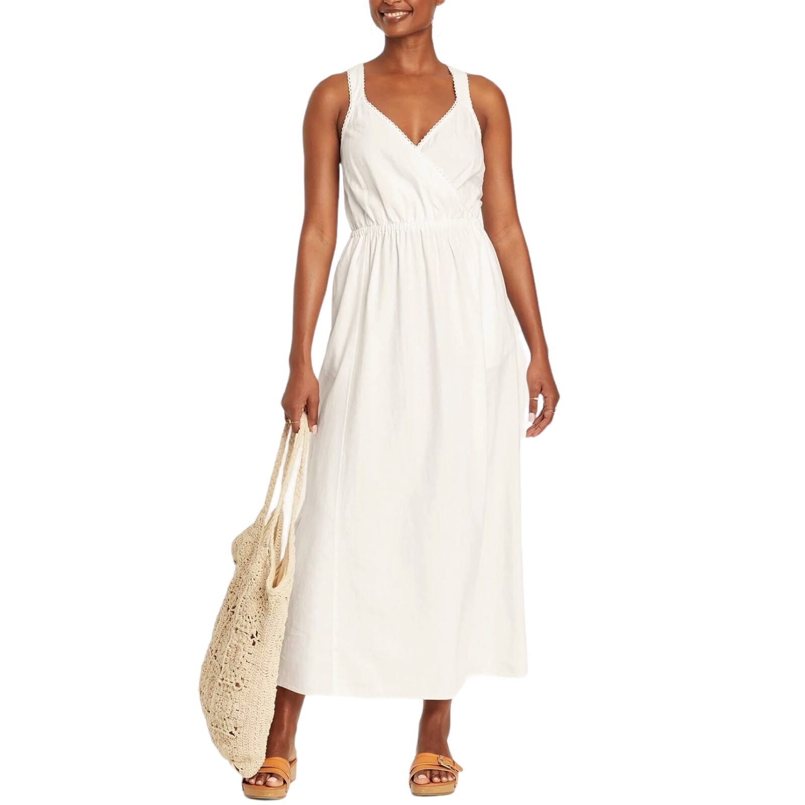 NEW Universal Thread Linen Rayon Cross Back Maxi Dress Summer Smocked White Sz S