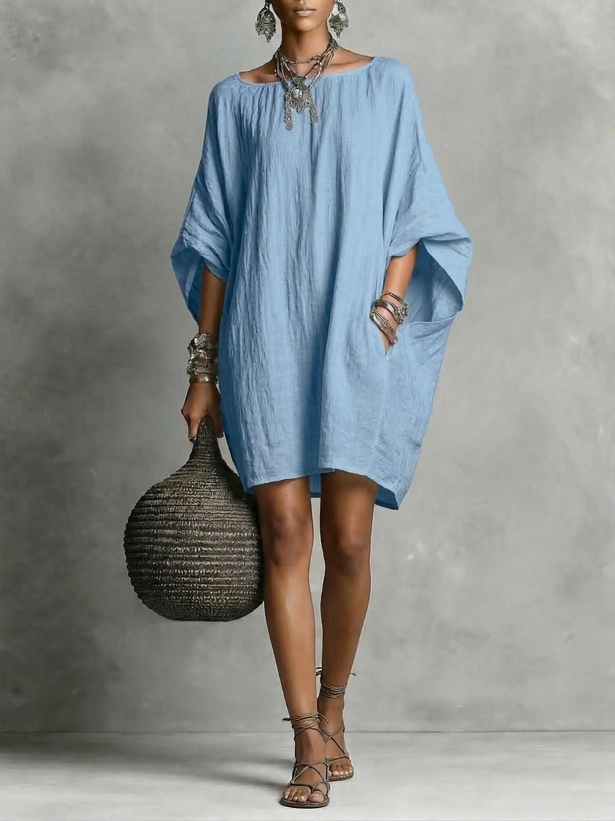 Retro solid color temperament long sleeved off shoulder casual cotton linen dres